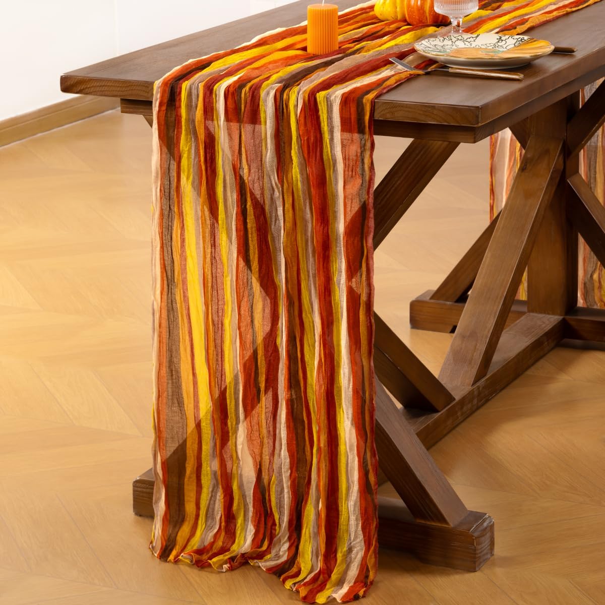Socomi Fall Stripe Table Runner Cheesecloth Gauze Thanksgiving 120 Inch Rustic Boho Cheese Cloth Runner for Wedding Party Baby Bridal Shower Decoration Holiday Home Decorations