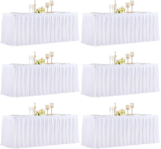 HB HBB MAGIC 6 Pack White Tablecloths for 6 Foot Rectangle Tables, Elegant Pleated Table Skirt – Wrinkle Free Stretch Fitted Table Cover for Weddings, Banquets, Birthday Parties & Events