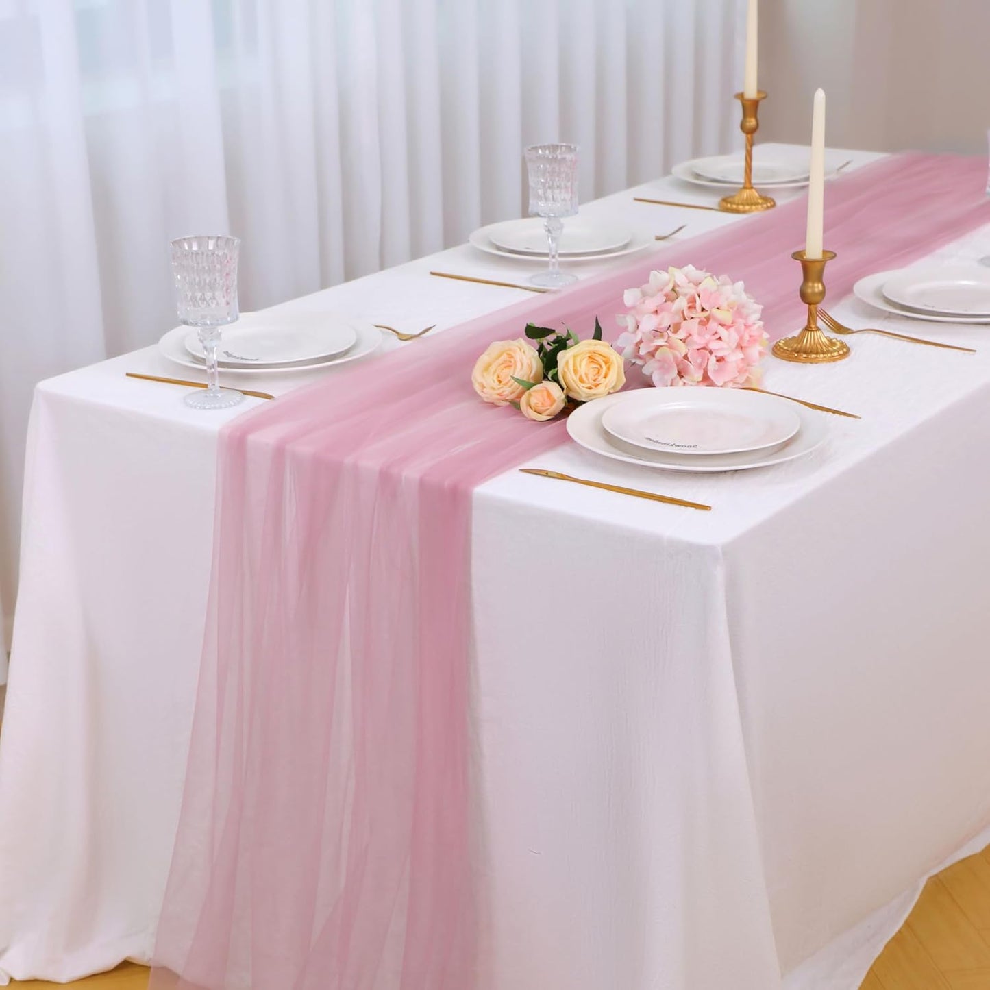 Snowkingdom Dusty Rose Table Runner, 10FT Sheer Tulle Cheesecloth Gauze Runner Table Dusty Rose, Rustic Boho Home Decorations for Fall Party Wedding Bridal Baby Shower Birthday Christmas Holiday