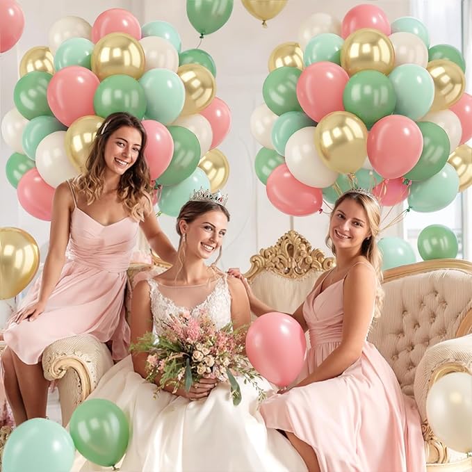 Zesliwy Sage Green Pink Gold Balloons,50Pcs 12Inch Dusty Mint Green Sand White Metallic Gold Balloon Retro Light Blush Pink Balloon for Birthday Jungle Safari Bridal Shower Wedding Party Decoration