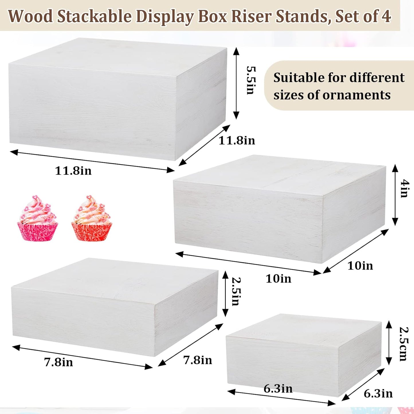 Roowest Set of 4 Large Wood Display Risers Size 11.8",10",7.8",6.3",Rustic Cupcake Stand Wood Cake Stands Wooden Display Risers for Table Dessert Wedding(Vintage White)