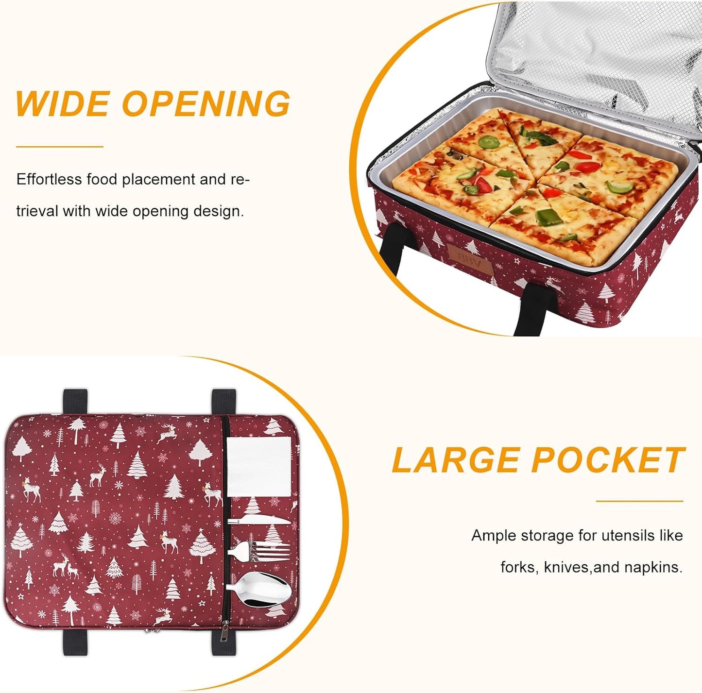 BBV Christmas Insulated Casserole Carrier for Hot or Cold Food, Food Warmer Bag Fits 9"x13" Baking Dish, Durable Nylon Leak Proof Food Containers for Travel, Potluck, Parties, Picnic (Christmas Elk)