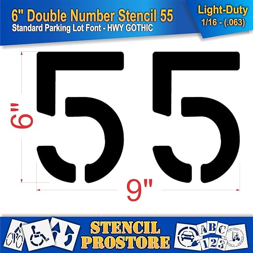 Pavement, Curb, and WheelStop Stencils - 6 inch Double Number Stencil - (55) - 6" x 9" x 1/16" (63 mil) - Light-Duty