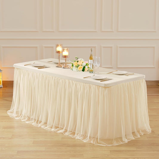 6ft Champagne Tulle Tablecloths for Rectangle Tables Stretch Rectangular Table Cloths Wrinkle Free 6 Foot Table Cover with Tutu Skirt for Wedding Birthday Party Banquet Buffet Cake Desk Skirt