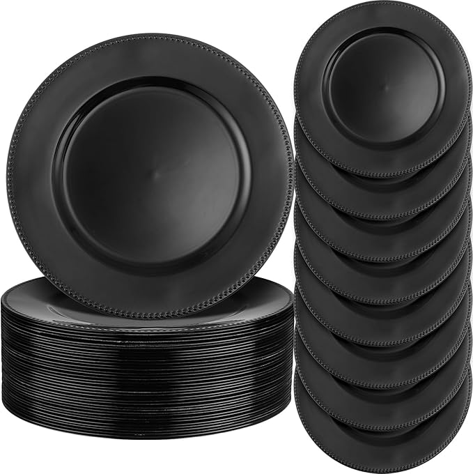 Jinei 36 Pack Black Charger Plates 13 Inch Plastic Beaded Round Charger Plates Wedding Table Decoration Reusable Dinner Plate Tray for Birthday Party Holiday Event