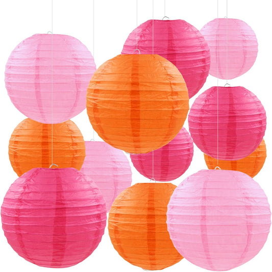 12 Pcs Pink Orange Paper Lanterns Decorative Round Hanging Lanterns for Birthday Baby Shower Wedding Graduation Fall Autumn Thanks Giving Party Decoration