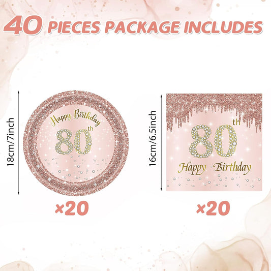 80th Birthday Decorations, Rose Gold Birthday Party Supplies Include 20Pcs Plates 20Pcs Napkins Sweet Eighty Year Old Party Tableware for Girl Ladies Women
