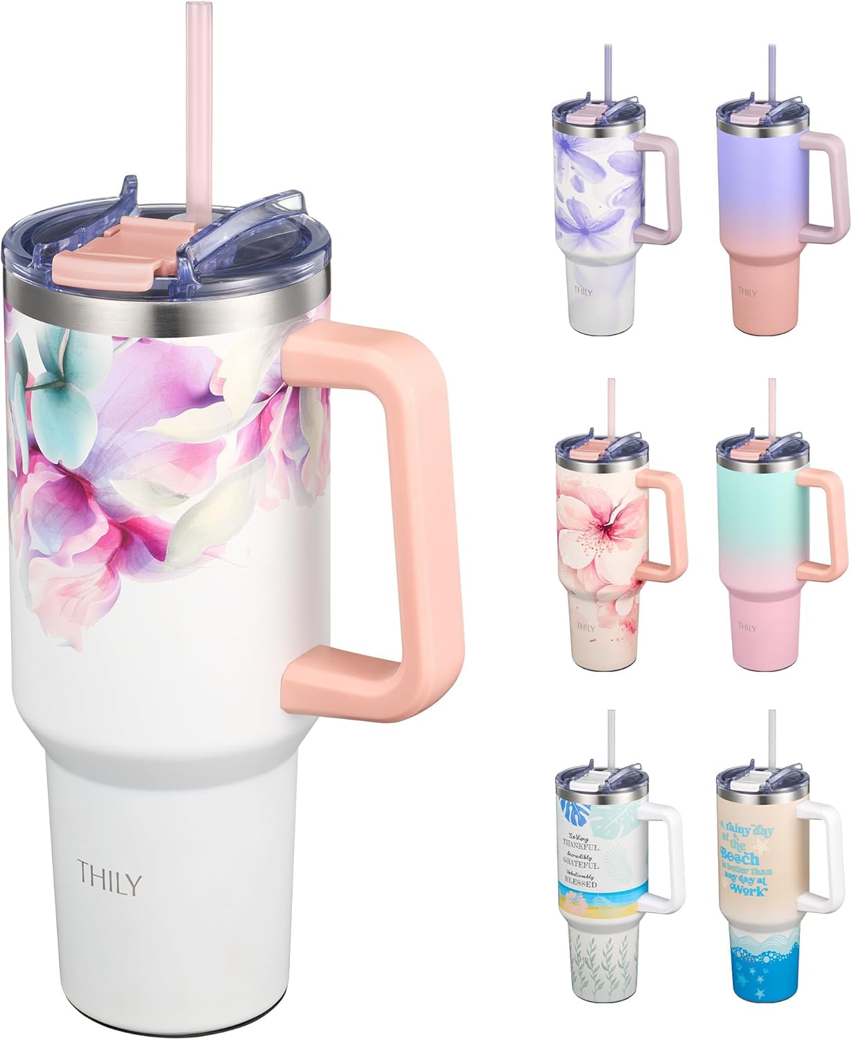 THILY 40 oz Stainless Steel Tumbler with Handle - Vacuum Insulated Travel Cup, Splash-Proof & Leakproof Lid, 2 Straws & Brush | Keeps Cold 34H/Hot 12H, Cupholder Friendly, Pink Lilies