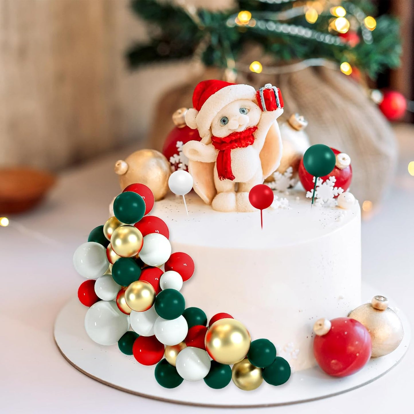 48 Pcs Balls Cake Topper Decorations Balloon Cupcake Toppers Foam Cake Topper Balls Cake Balls Decorations for Christmas Birthday Party Wedding Cake Decorating(Green,Red,White,Gold)