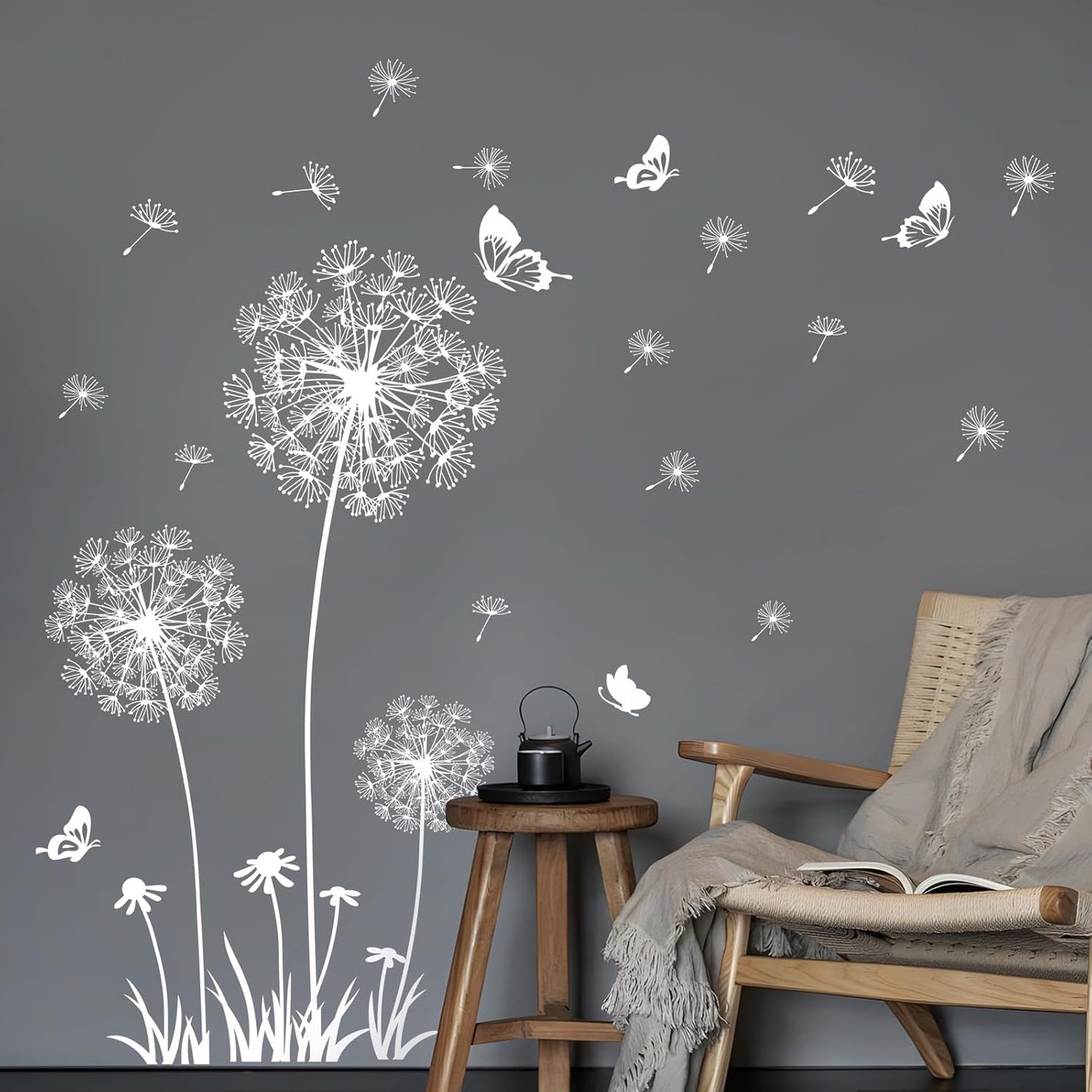 2 Sheets Dandelion Wildflower Wall Decals Art, Wall Stickers Peel and Stick Floral Butterflies Flying Decor for Girls Kids Women Baby Nursery Living Room Bedroom Bathroom Hallway Stairwell (White)