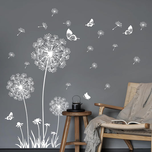 2 Sheets Dandelion Wildflower Wall Decals Art, Wall Stickers Peel and Stick Floral Butterflies Flying Decor for Girls Kids Women Baby Nursery Living Room Bedroom Bathroom Hallway Stairwell (White)
