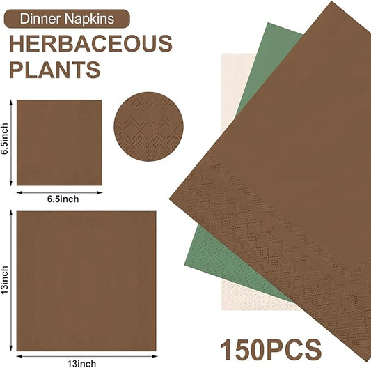 Whaline 150 Pcs Woodland Paper Napkin 3 Colors Dinner Napkin Beige Brown Green Disposable Luncheon Napkin for Woodland Baby Shower Party Supplies Table Decor