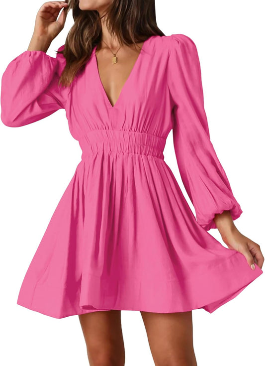 FAIABLE Mini Deep V Sexy Long Sleeve Dress for Women A-line High Waisted Casual Flowy Dress for Cocktail Wedding Guest