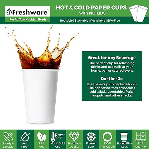Freshware Coffee Cups 16 oz [1000 Pack] Disposable Paper Cups for Hot or Iced Coffee Cup, Slushie Cup, Milkshakes, Smoothies, and Tea