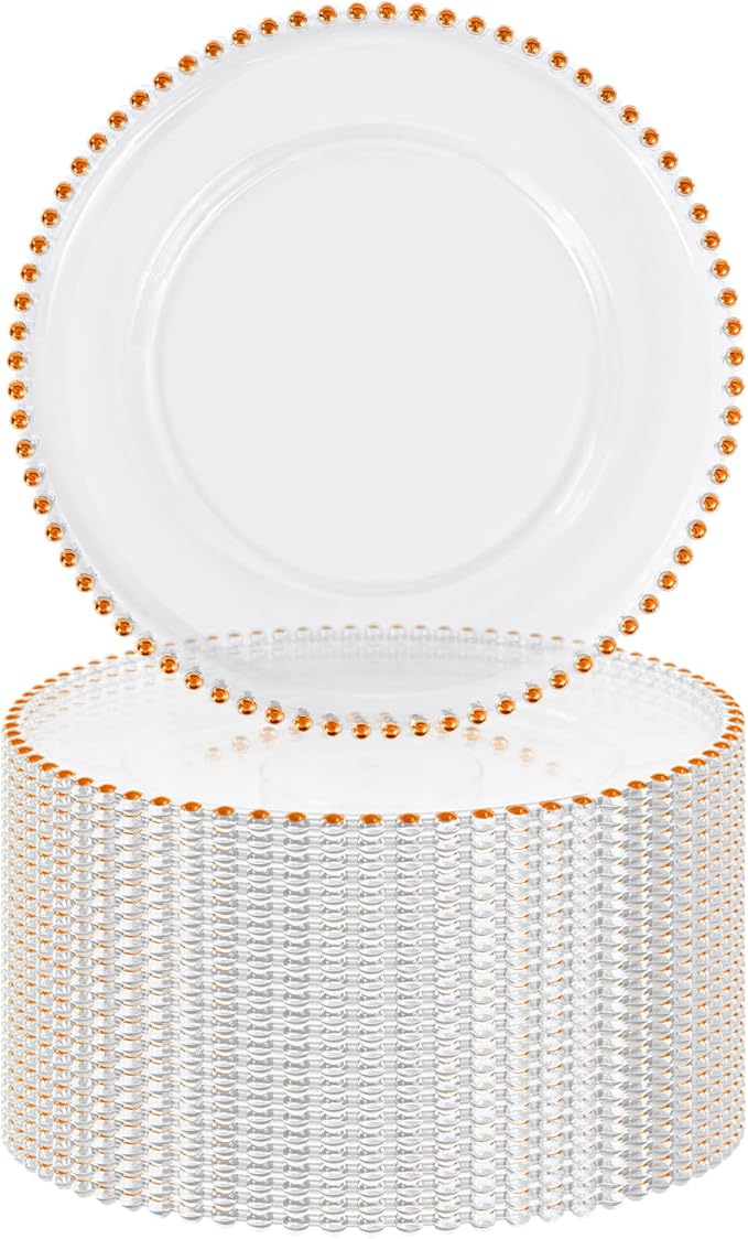 24 PCS Clear Round Charger Plates with Beaded Rim, 13 Inch Plastic Acrylic Plate, Plastic Round Beaded Dinner Decorative Service Plates for Wedding Party Event, Home Kitchen Tabletop(Orange)