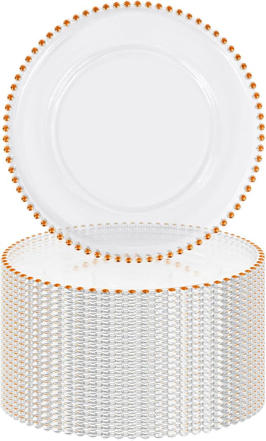 24 PCS Clear Round Charger Plates with Beaded Rim, 13 Inch Plastic Acrylic Plate, Plastic Round Beaded Dinner Decorative Service Plates for Wedding Party Event, Home Kitchen Tabletop(Orange)