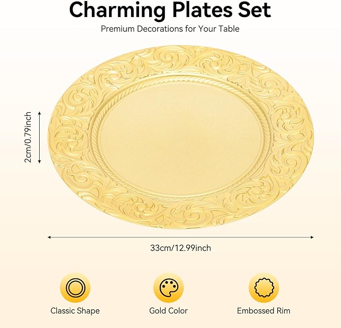 100 Pcs Gold Charger Plates Bulk, 13 Inch Antique Charger Plate Set Plastic Embossed Dinner Plate Reusable Plates for Table Setting Wedding Party (Gold)