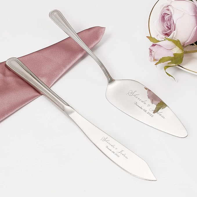 Cake Cutting Set for Wedding, Personalized Wedding Cake Knife and Server Set, Vintage Engraved 2-Piece Pie Cake Cutter Serving Set, Custom Bridal Anniversary Birthday Quinceañera Gift(Silver)
