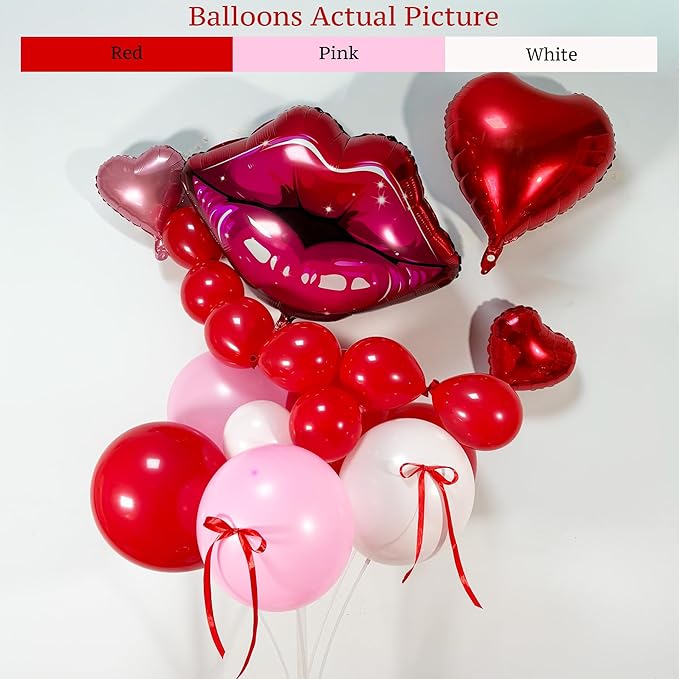 Galentine's Day Decoration Valentine's Day Balloon Arch Kit - 153Pcs White Pink Red Heart Balloons & Red Lip Foil Balloon Garland with Red Ribbon for Mother's Day, Wedding, Birthday Party Decorations