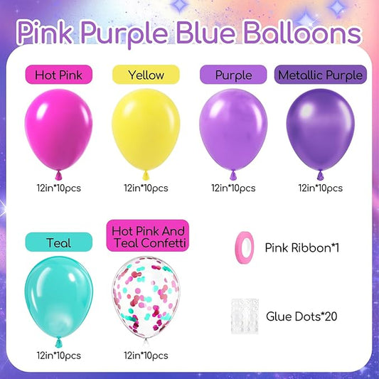 60pcs 12inch Pink Purple Blue Balloons, Hot Pink Yellow Metallic Purple Teal Confetti Balloons for Theme Engagement Baby Shower Birthday Party Decorations