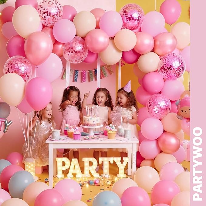 PartyWoo Pink and Gold Balloons 65pcs 12 Inch Metallic Gold Pearl Matte Hot Light Pastel Pink Confetti Balloons for Gender Reveal Baby Shower Bridal Shower Princess Birthday Party Decorations