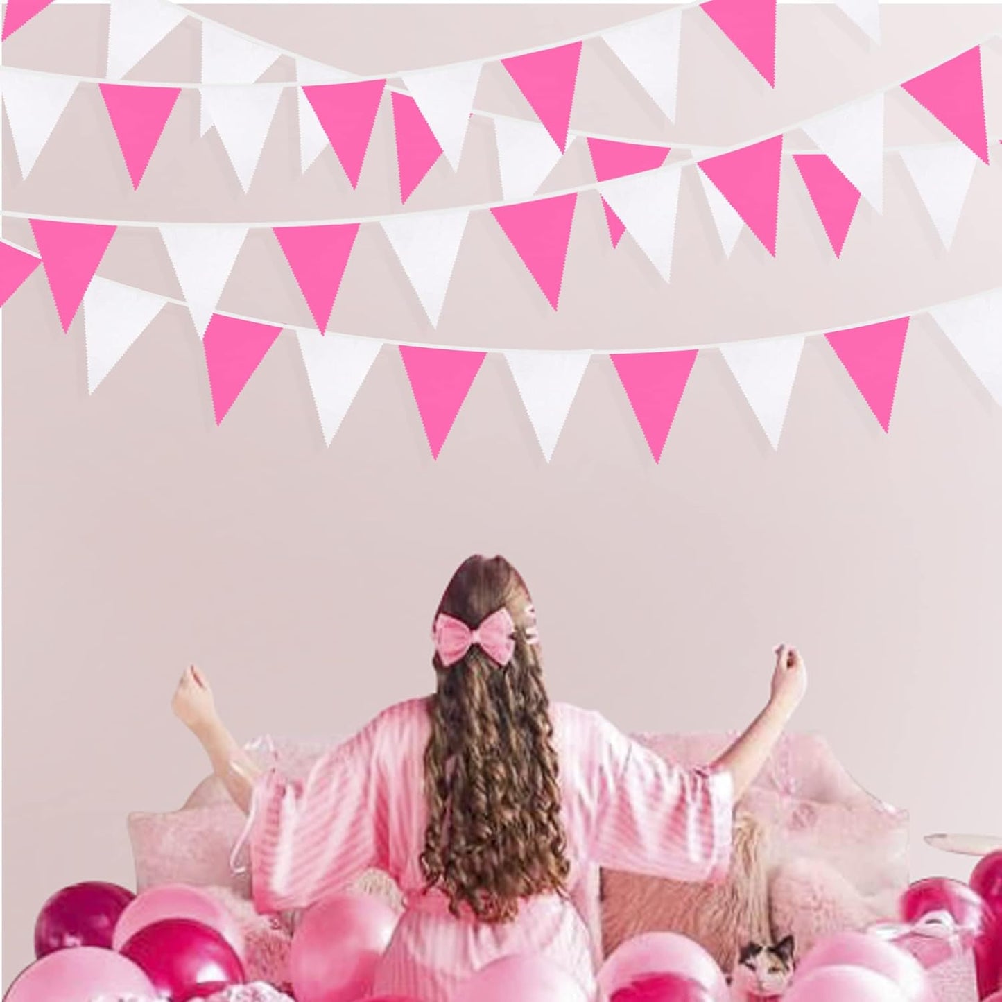 32Ft Rose Hot Pink White Pennant Banner Fabric Triangle Flag Cotton Bunting Garland Kit for Wedding Birthday Baby Shower Anniversary Party Home Nursery Outdoor Garden Hanging Festivals Decoration