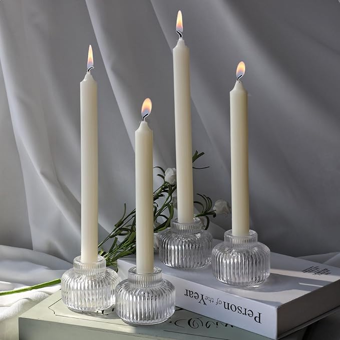 Woho Candle Stick Candle Holder Set of 4, Clear Taper Candle Holders for Wedding Table Centerpiece, Ribbed Glass Votive Candle Holders for Christmas Party Home Decor