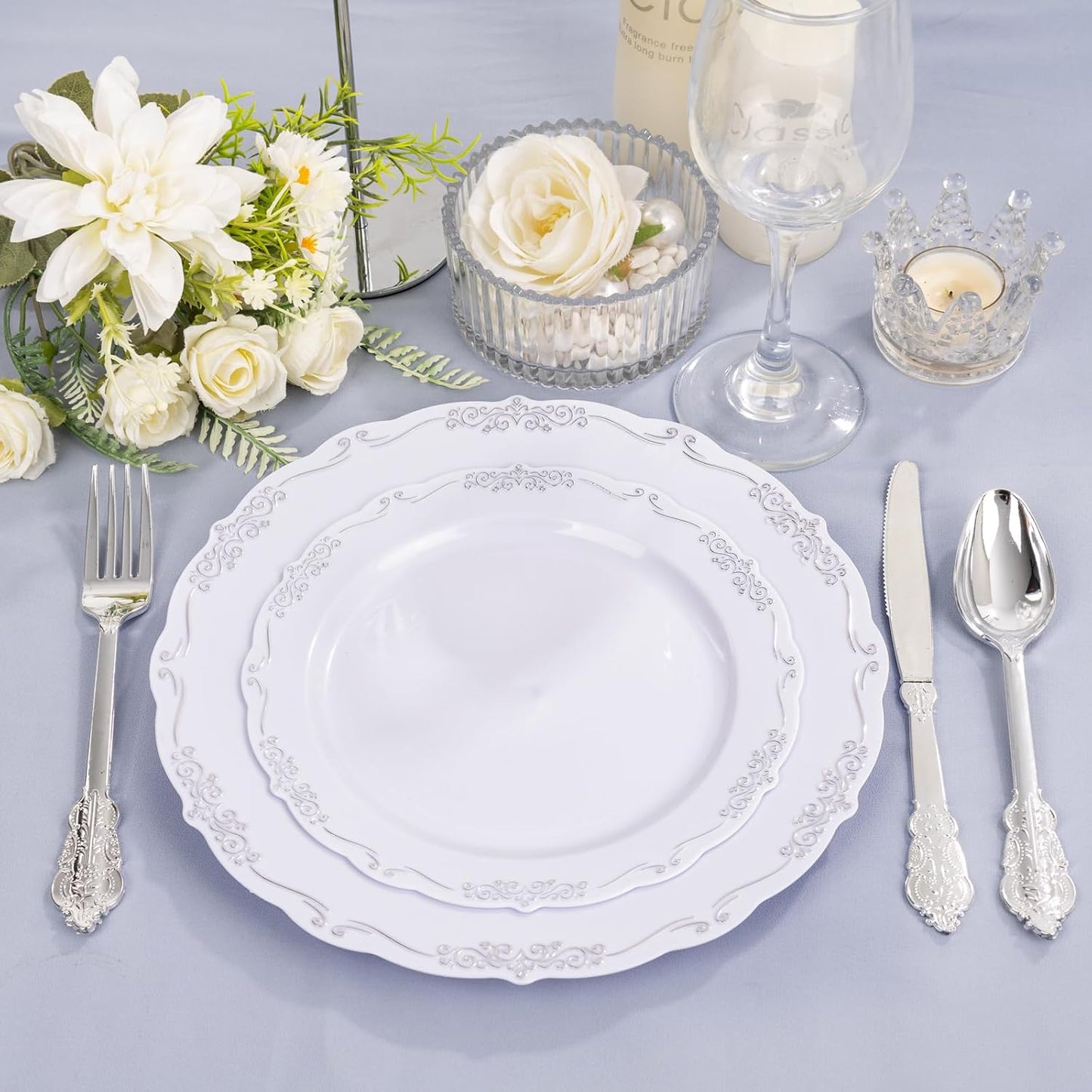DaYammi 60PCS White and Silver Plastic Plates, Heavy Duty White and Silver Disposable Plates Premium 7.5inch White Dessert Cake Salad Appetizer Platos Hard Plastic Platos Disposable for Party Wedding