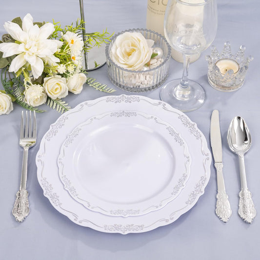 DaYammi 60PCS White and Silver Plastic Plates, Heavy Duty White and Silver Disposable Plates Premium 7.5inch White Dessert Cake Salad Appetizer Platos Hard Plastic Platos Disposable for Party Wedding