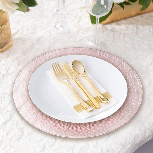 PARTY BARGAINS 13-Inch Charger Plates - 4 Pack, Hammered Pink, Heavy-Duty Disposable Chargers for Elegant Dining - Ideal for Weddings and Formal Events