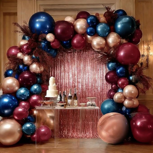 Red Blue Balloon Garland, Double Stuffed Navy Blue Dark Burgundy Balloon Arch Kit Rose Gold Fringe Curtains for Birthday Graduation Mardi Gras Party Decoration