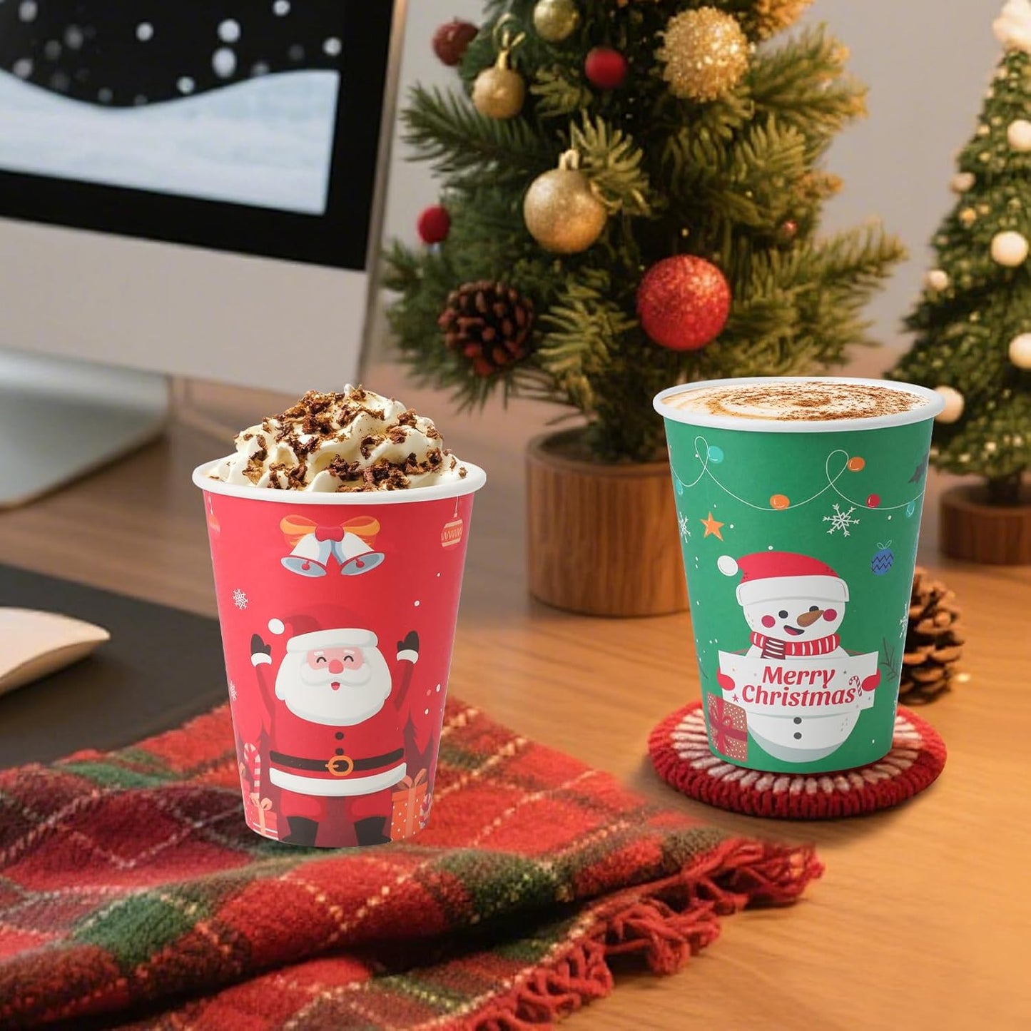 Lamosi Christmas 100 Pack 12 OZ Coffee Cups, Disposable Paper Cups for Hot/Cold Beverage, Leak-Free Paper Coffee Cups for Cafe, Restaurant, Office and Home