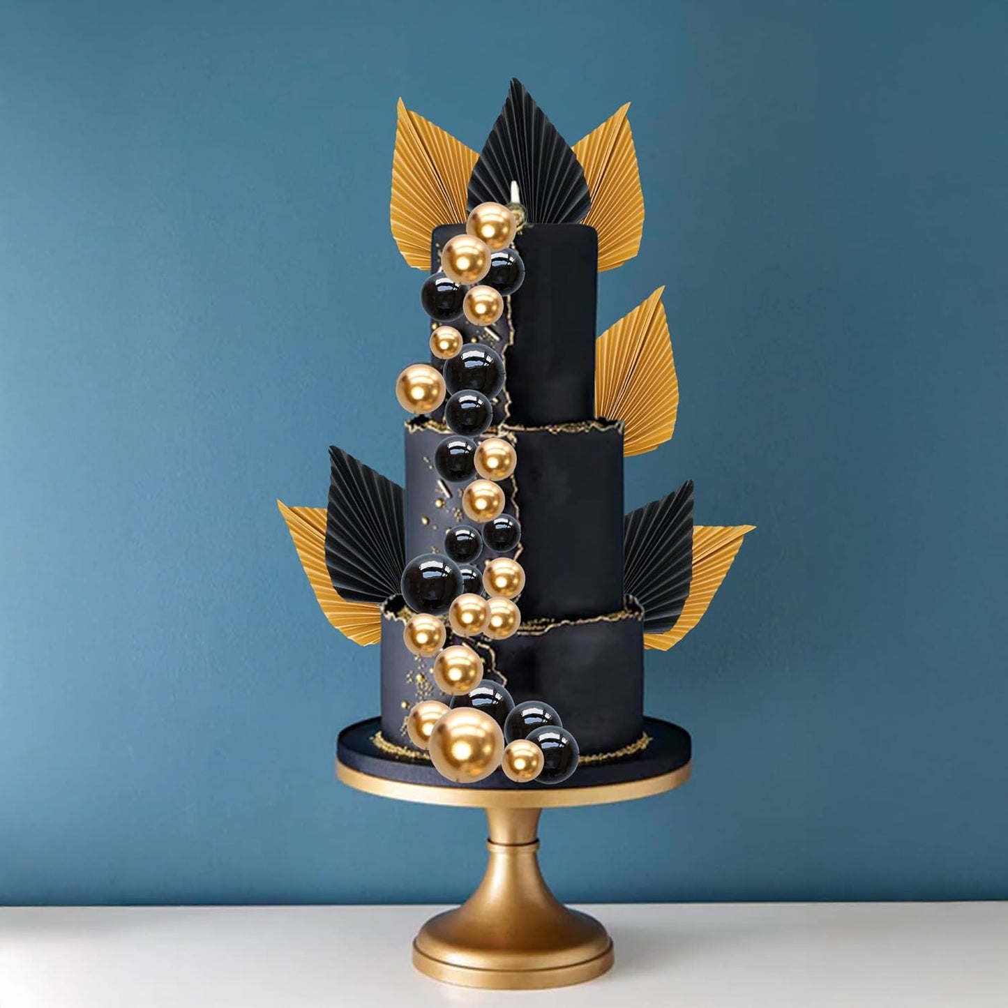 Ephlyn 28Pcs Paper Palm Fan Cake Topper Balls Cake Pick Decoration for Baby Shower Wedding Bridal Shower Birthday Party DIY Cake Decorations Supplies Black Gold