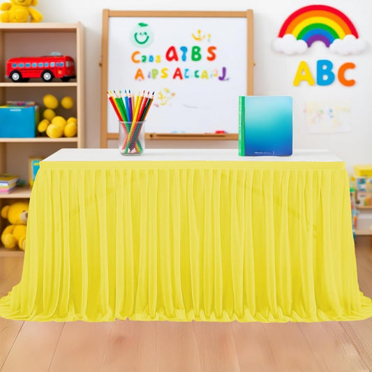 9FT Tulle Table Skirt for Teacher Desk Rectangular Ruffle Table Back to School Supplies for Kindergarten Preschool Middle School Classroom Decor, Yellow