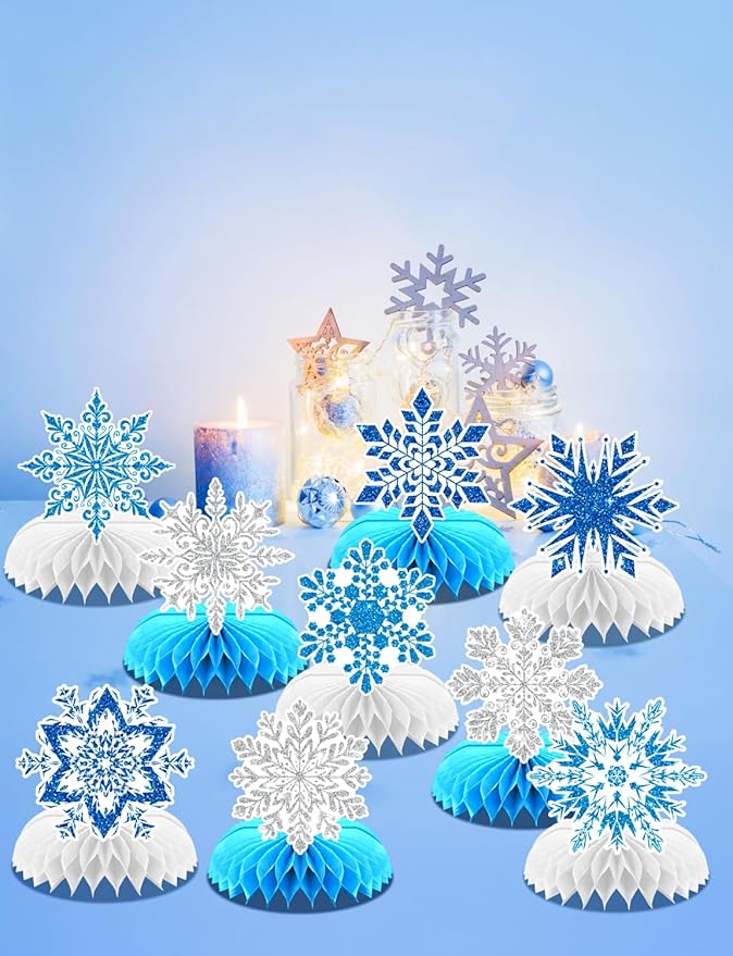 Winter Wonderland Decorations, 9Pcs Snowflake Honeycomb Table Centerpieces in Blue and White, Snowflake Table Decorations for Christmas Party, Baby Shower, Birthday, Holiday Events