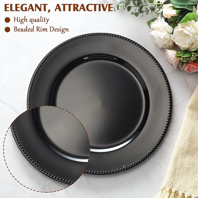 24 Pack Metallic Charger Plates 13inch Round Elegant Serving Plates Plastic Disposable Chargers Bulk Dinnerware Set for Dinner Wedding Party Events Catering Decoration(Black,Beaded Rim)