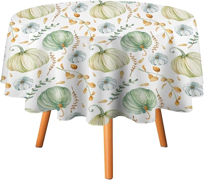 YCness Fall Tablecloth, Thanksgiving Autumn Harvest Watercolor Blue Green Pumpkin Orange Leaf Table Cover for Party Picnic Dinner 36x36 Inch Round