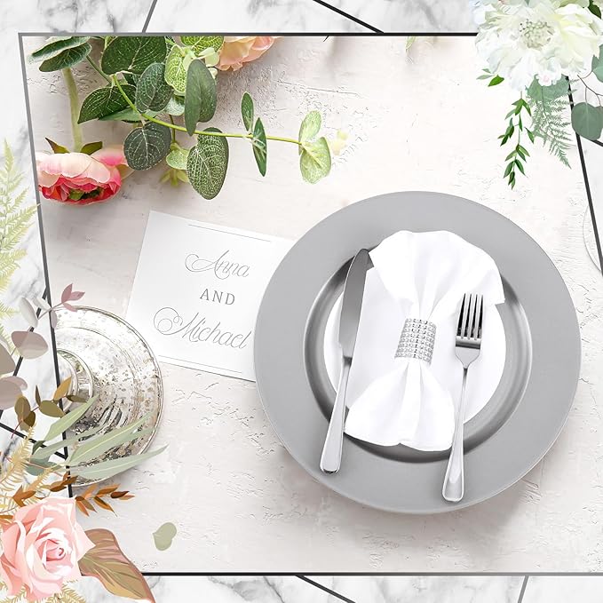 Tanlade 50 Pcs 13 Inch Charger Plates Bulk Round Wedding Chargers Plastic Dinner Plates for Table Setting Wedding Party Decoration (Silver White)