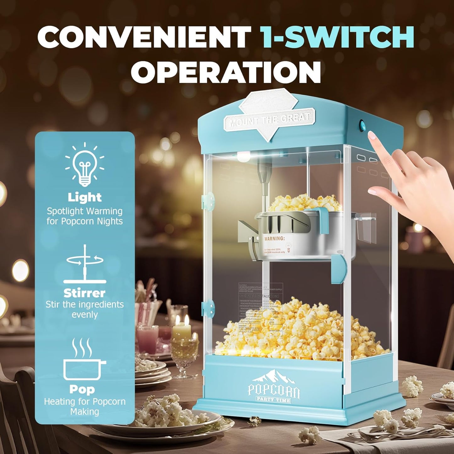 Popcorn Machine Cart with Wheel, 10 oz Popcorn Maker Machine with Stainless-Steel Kettle Makes Up to 40 Cups, Vintage Movie Theater Style Pop Corn Machine, Cyan