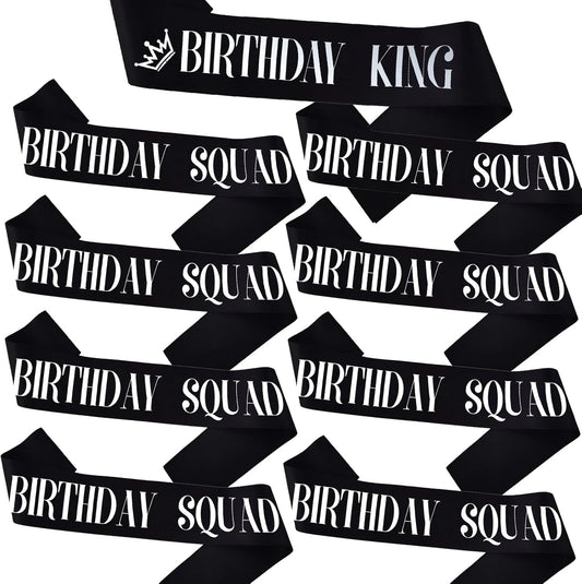 9PCS Birthday Squad Sashes for Men, Black Birthday King Sash Set for Funny 16th 18th 21st 30th 40th 50th 60th or Other Birthday Party Favors Decorations