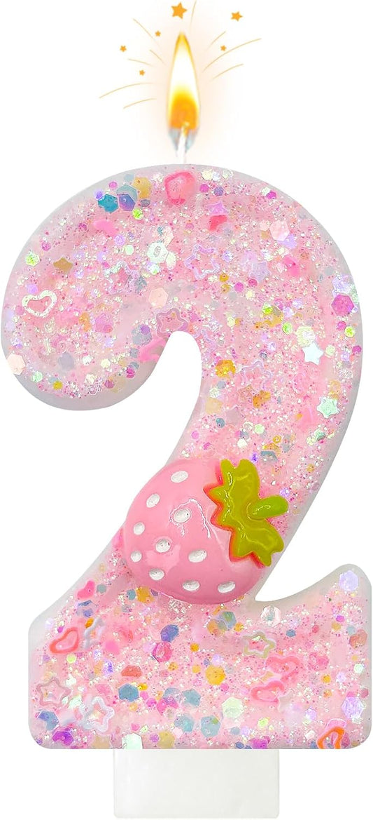 HXOUSE Strawberry Number 2 Birthday Candles - Pink Berry Birthday Candles for Cake, 2 Candle Topper for Anniversary Celebrations Supplies, Strawberry Party Decorations for Girl (No.2)