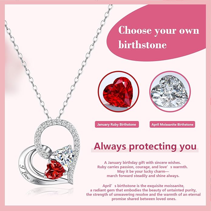 Double Birthstone Heart Necklace 0.8CT Dual-Gemstone S925 Sterling Silver Plated White Gold Engraved I Love You Perfect Anniversary/Valentine's Day Gift for Wife/Girlfriend/Mom/Daughter