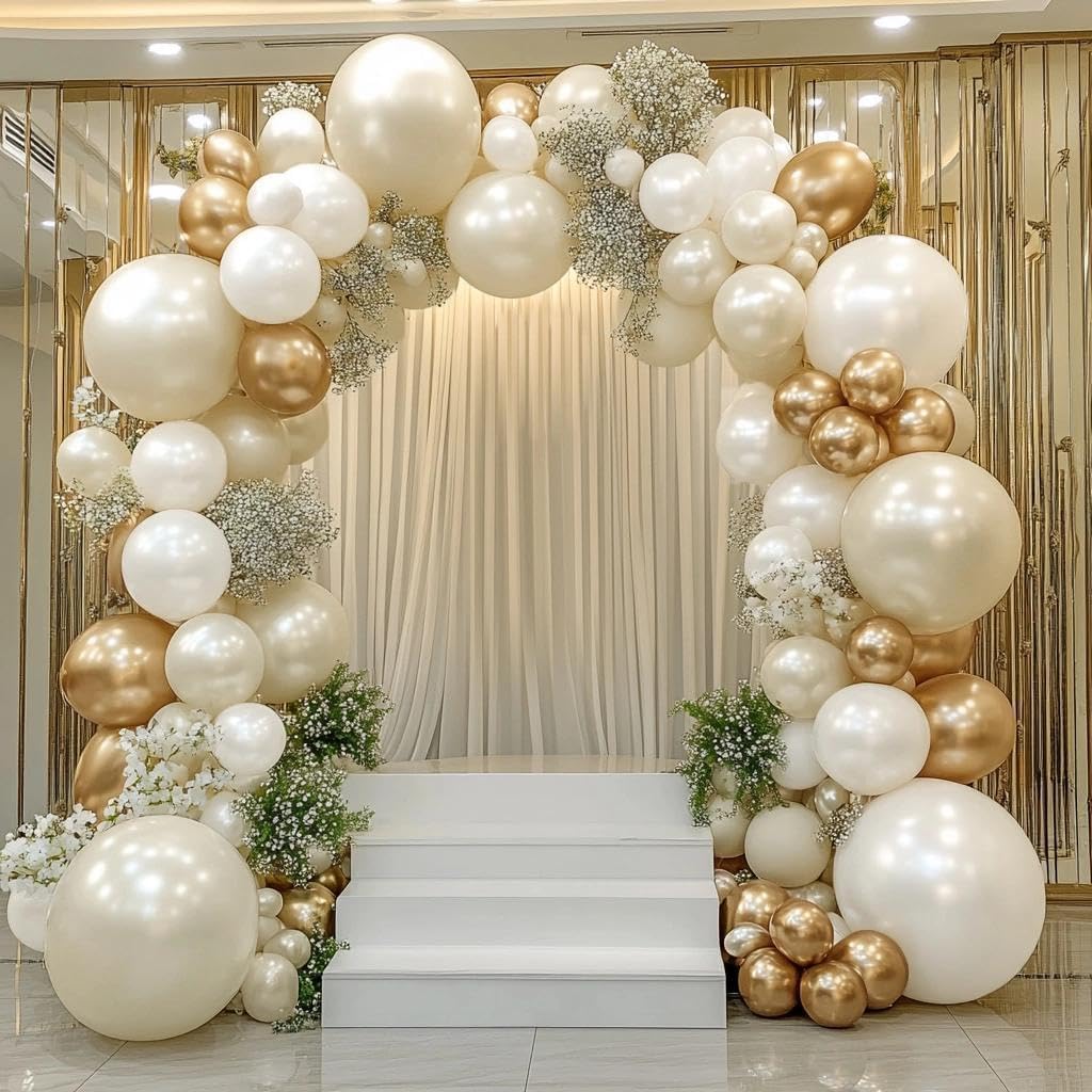 Beige Gold Balloons Double Stuffed Sand White Balloon Garland Pearl White Cream Balloons Metallic Gold Balloon Arch Kit for Birthday Wedding Bridal Anniversary Boho Baby Shower Party Decorations