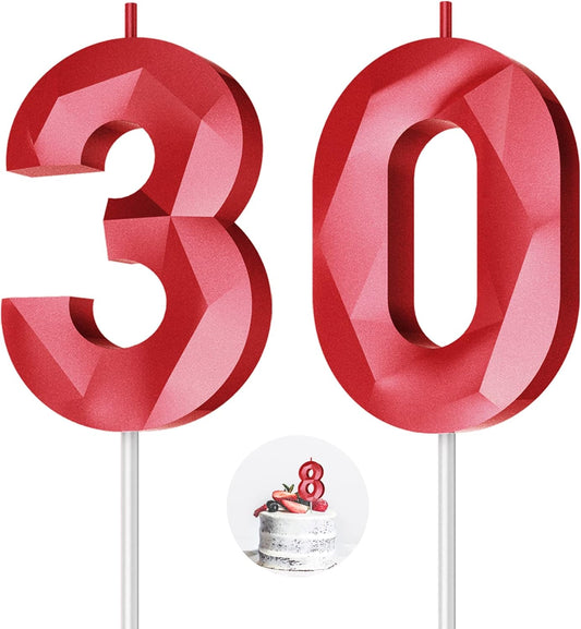 Number Birthday Candles(30 Candle Red) 3D Diamond Shape Number Happy Birthday Cake Candles for Birthday Party Wedding Decoration Reunions Theme Party