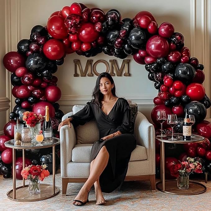 Black Red Balloon Arch Double Stuffed Black Burgundy Maroon Balloons Dark Ruby Red Metallic Balloon Garland Kit for New Year Birthday Wedding Valentines Anniversary Graduation Party Decorations