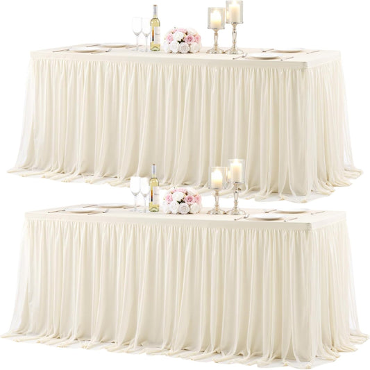 2 Pack 6ft Ivory Tulle Tablecloth for Rectangle Tables 6 Foot Ivory Wedding Table Cloths Rectangular Wrinkle Free Table Cover with Tutu Skirt for Baby Shower Birthday Party Banquet Buffet Cake