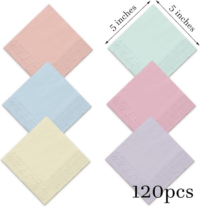 Whaline 120 Pcs Pastel Rainbow Cocktail Napkin Colorful Spring Easter Beverage Luncheon Paper Napkins 2 Ply for Baby Shower Birthday Wedding Tea Party Favors, 6 Colors