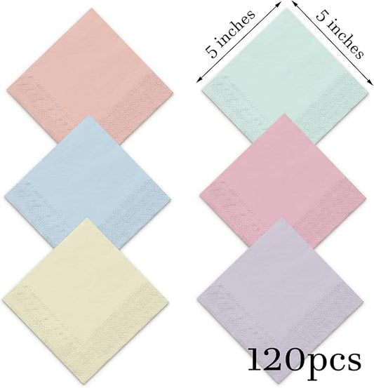 Whaline 120 Pcs Pastel Rainbow Cocktail Napkin Colorful Spring Easter Beverage Luncheon Paper Napkins 2 Ply for Baby Shower Birthday Wedding Tea Party Favors, 6 Colors