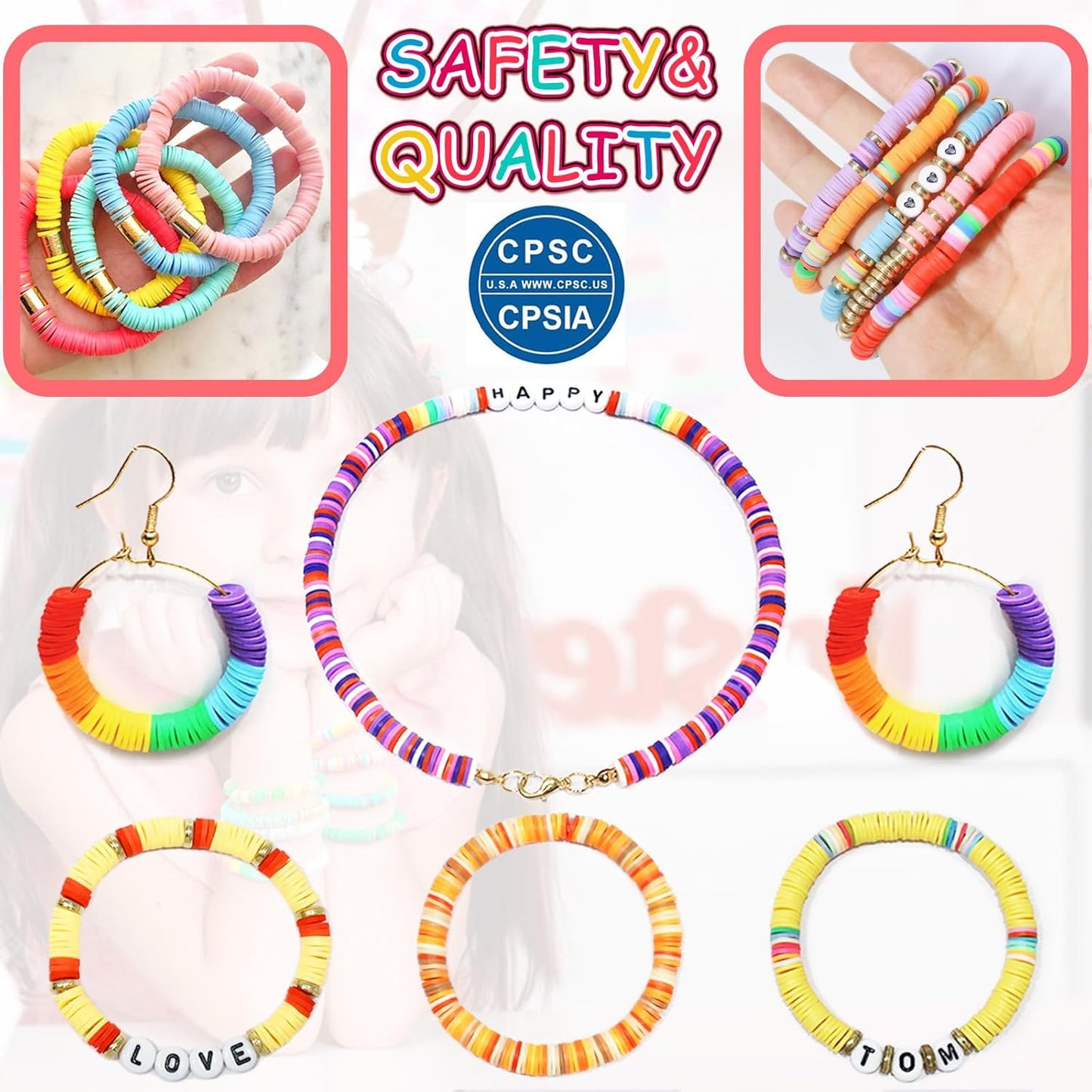 Redtwo 7400 Pcs Clay Beads Bracelet Making Kit for Biginner, 48 Colors for Friendship Jewelry Making Kit, Flat Polymer Heishi Beads with Charms Gifts for Teen Girls Crafts for Girls Ages 8-12