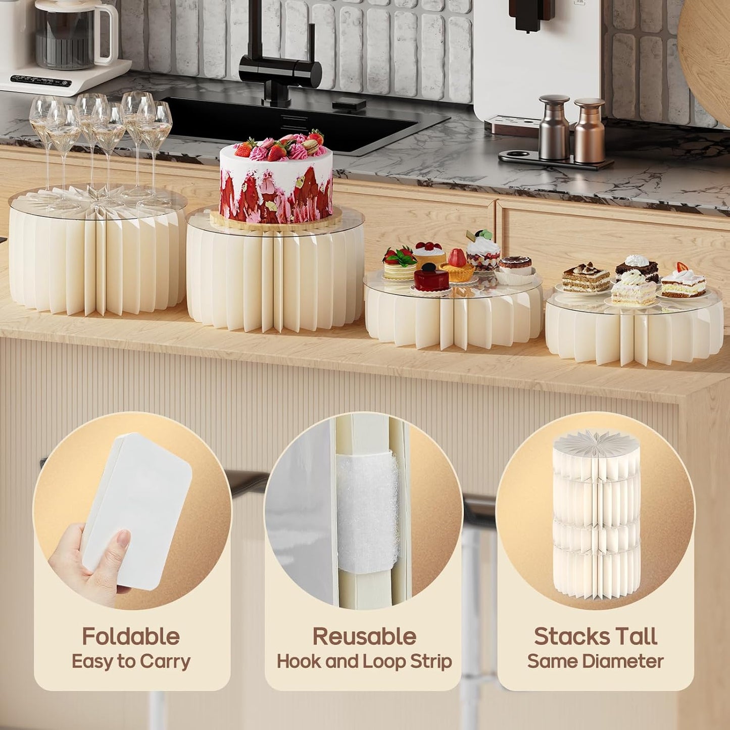 4 PCS Buffet Risers, Foldable Food Risers for Buffet Table, Cylinder Display Stands for Party, White Cake Cupcake Stands for Food Display, Catering Supplies
